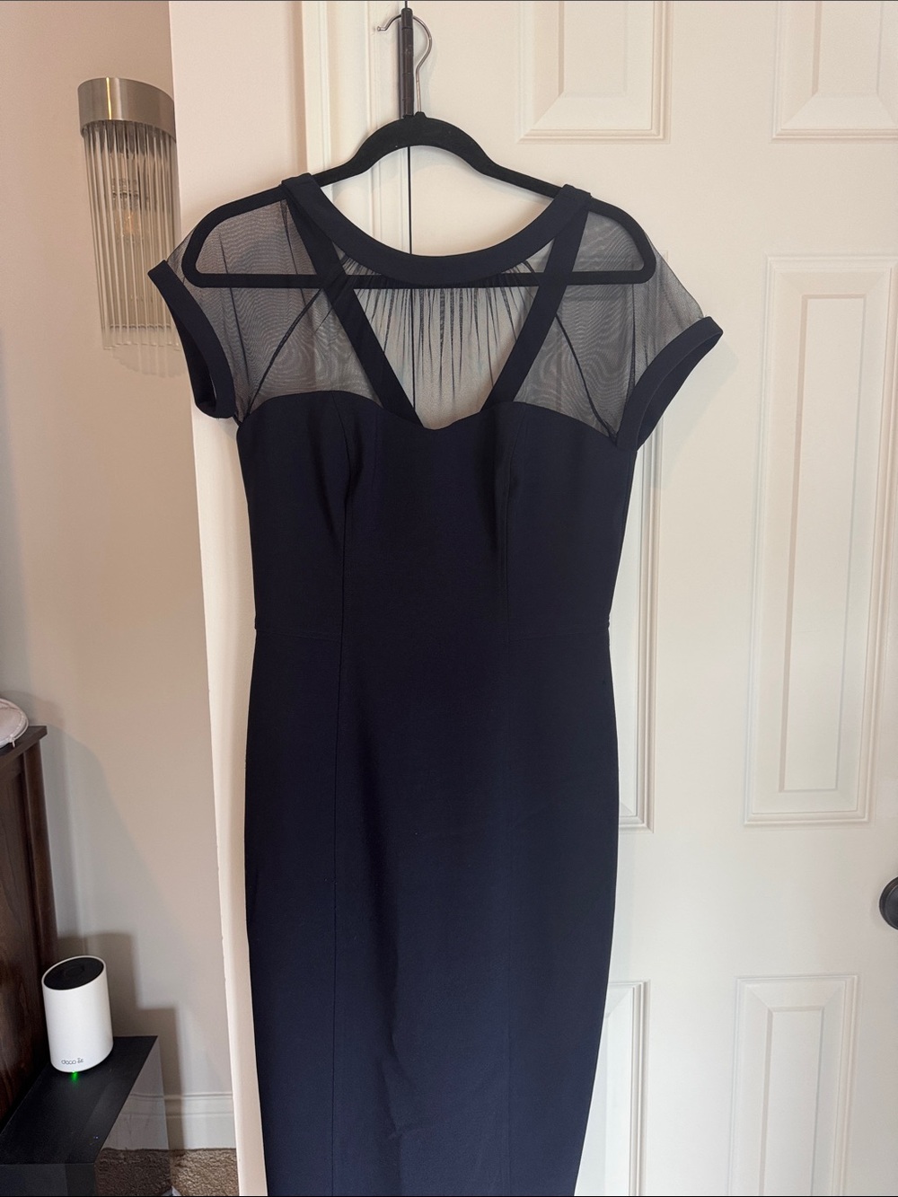 Maggy London navy blue Midi Sheath Dress with Mesh Yoke